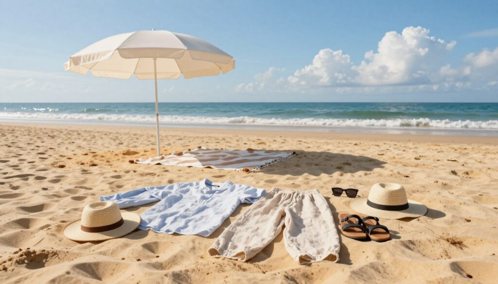 A serene beach scene showcasing essential pieces for a relaxed getaway in vibrant, summery colors. In the foreground, neatly arranged casual outfits including light cotton shirts, breezy linen pants, and wide-brimmed hats, accompanied by sunglasses and sandals. In the middle ground, a comfortable beach umbrella casts a soft shadow over a plush beach blanket laid out on golden sand, inviting relaxation. The background features gentle ocean waves lapping at the shore under a clear blue sky, with a few fluffy white clouds drifting lazily. The lighting should evoke a warm, sunny afternoon glow, enhancing the tranquil atmosphere. Use a wide-angle lens to capture the spaciousness of the scene, emphasizing both the beachwear and the stunning seaside setting.