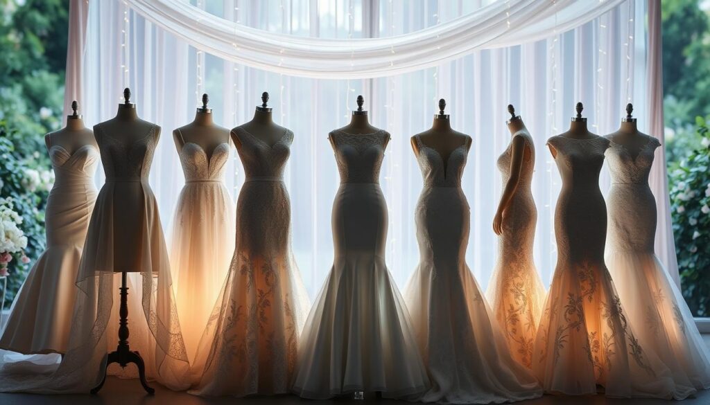 A serene display of wedding dress silhouettes illuminated by soft, diffused lighting. In the foreground, a variety of elegant silhouettes featuring classic A-line, ball gown, and mermaid styles are showcased on stylish mannequins, their intricate lace and fabric textures subtly hinted at. In the middle ground, a gently draped fabric backdrop in pastel hues creates a dreamy atmosphere, with delicate strands of fairy lights adding a magical touch. The background features a blurred garden scene, with soft bokeh effects enhancing the romantic setting. The overall mood is enchanting and refined, perfect for brides seeking inspiration. The composition is captured at eye level, emphasizing the beauty and craftsmanship of each dress silhouette.