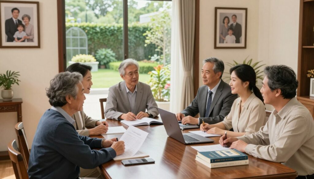 A serene family gathering in an elegantly furnished home, representing generational wealth. In the foreground, a multigenerational family, dressed in professional business attire, engages in a lively discussion around a polished mahogany table laden with financial documents, investment books, and a laptop. In the middle ground, a large window reveals a tranquil garden, symbolizing growth and stability. The background features tasteful family portraits that evoke a sense of legacy and history, bathed in warm, soft lighting that creates a welcoming atmosphere. The image captures a mood of prosperity and thoughtful planning, with a slightly elevated angle to emphasize connection and importance of family values in wealth-building.