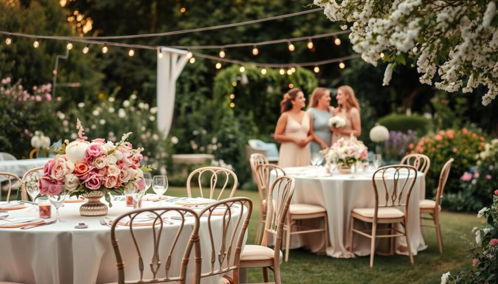 A serene garden party celebration set in a blooming garden, beautifully decorated with soft pastel hues. In the foreground, elegantly adorned tables draped with light chiffon tablecloths, featuring delicate floral arrangements of peonies and roses in soft pinks and whites. Charming vintage chairs with cushions add a touch of comfort. In the middle, guests dressed in modest, flowing bridesmaid dresses in soft pastel colors, engaging in lively conversation, their expressions joyful and relaxed. The background showcases verdant greenery, blooming flowers, and hanging fairy lights gently illuminating the scene. The lighting is soft and diffused, creating a dreamy atmosphere during the golden hour. Shot with a wide-angle lens to capture the expansive beauty of the garden, evoking a sense of magic and celebrating love in a peaceful setting.