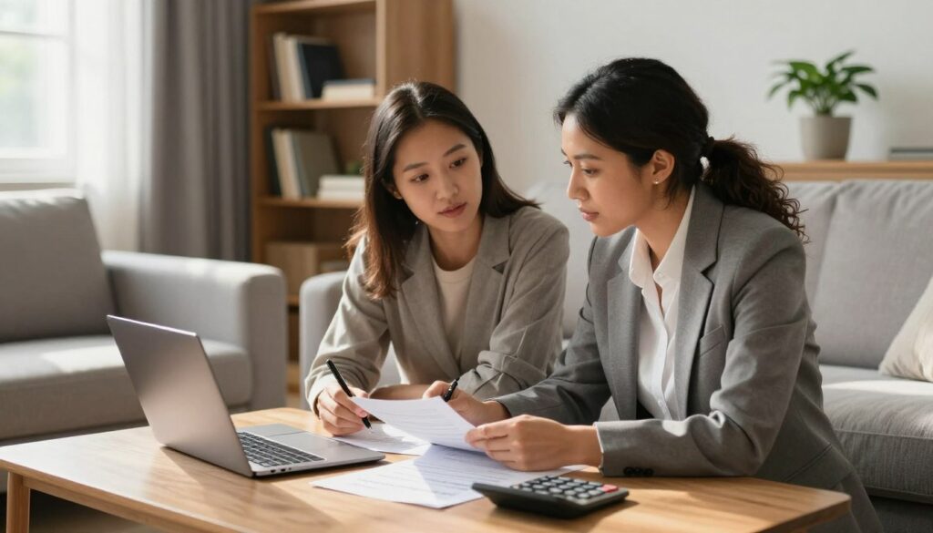 A serene living room scene showcasing a couple sitting together at a coffee table, deeply engaged in discussing their financial priorities. The couple, a diverse pair dressed in professional business attire, appears focused and cooperative. On the table, there are documents, a laptop, and a calculator, symbolizing their financial planning. Soft, natural light streams in through a window, casting gentle shadows that create a warm atmosphere. In the background, a bookshelf filled with financial books and a potted plant adds a touch of tranquility and professionalism. The angle of the shot highlights the couple's expressions, conveying a sense of teamwork and determination. The overall mood is balanced and inspiring, reflecting the theme of setting essential financial goals together. A serene living room scene showcasing a couple sitting together at a coffee table, deeply engaged in discussing their financial priorities. The couple, a diverse pair dressed in professional business attire, appears focused and cooperative. On the table, there are documents, a laptop, and a calculator, symbolizing their financial planning. Soft, natural light streams in through a window, casting gentle shadows that create a warm atmosphere. In the background, a bookshelf filled with financial books and a potted plant adds a touch of tranquility and professionalism. The angle of the shot highlights the couple's expressions, conveying a sense of teamwork and determination. The overall mood is balanced and inspiring, reflecting the theme of setting essential financial goals together.