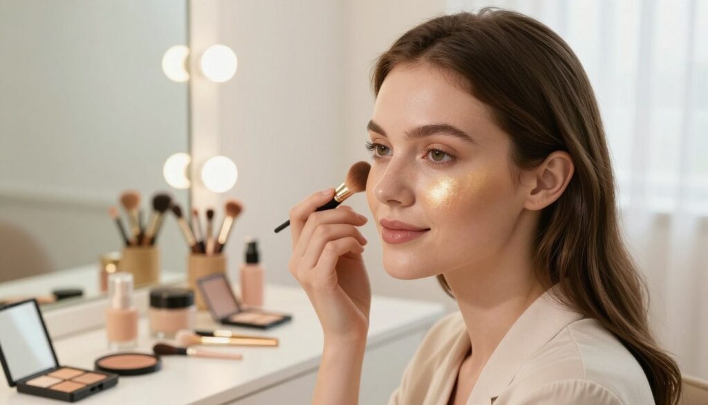 A serene makeup vanity scene featuring a professional woman applying highlighter for a natural glow. In the foreground, a close-up of her face shows soft, radiant skin, accentuated by golden and pearlescent highlighter on her cheekbones, brow bones, and the bridge of her nose. The midground displays a beautifully organized vanity with various makeup products, brushes, and a mirror reflecting soft, warm lighting. In the background, a softly blurred, bright room filled with natural light filtering through a window, creating an inviting atmosphere. The overall mood is fresh and uplifting, emphasizing simplicity and elegance, with a focus on achieving a luminous, effortless look. The woman is dressed in a modest, professional outfit, ensuring a polished appearance. A serene makeup vanity scene featuring a professional woman applying highlighter for a natural glow. In the foreground, a close-up of her face shows soft, radiant skin, accentuated by golden and pearlescent highlighter on her cheekbones, brow bones, and the bridge of her nose. The midground displays a beautifully organized vanity with various makeup products, brushes, and a mirror reflecting soft, warm lighting. In the background, a softly blurred, bright room filled with natural light filtering through a window, creating an inviting atmosphere. The overall mood is fresh and uplifting, emphasizing simplicity and elegance, with a focus on achieving a luminous, effortless look. The woman is dressed in a modest, professional outfit, ensuring a polished appearance.
