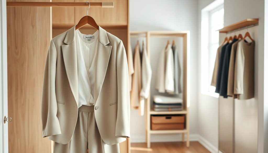 A serene, minimalist wardrobe setting featuring a sophisticated array of women's clothing in a softly lit, organized space. In the foreground, a simple, elegant wooden hanger holds a stylish yet understated outfit — a tailored blazer over a crisp white blouse, paired with neutral-tone trousers, all evoking a sense of calm and clarity. The middle ground showcases a sleek, open wardrobe with neatly folded sweaters and a few essential accessories, such as a classic handbag and understated jewelry. In the background, soft natural light filters through a window, casting gentle shadows and enhancing the warm wooden textures. The overall mood is tranquil and inviting, emphasizing simplicity and elegance in personal style, illustrating the essence of the minimalist wardrobe philosophy.