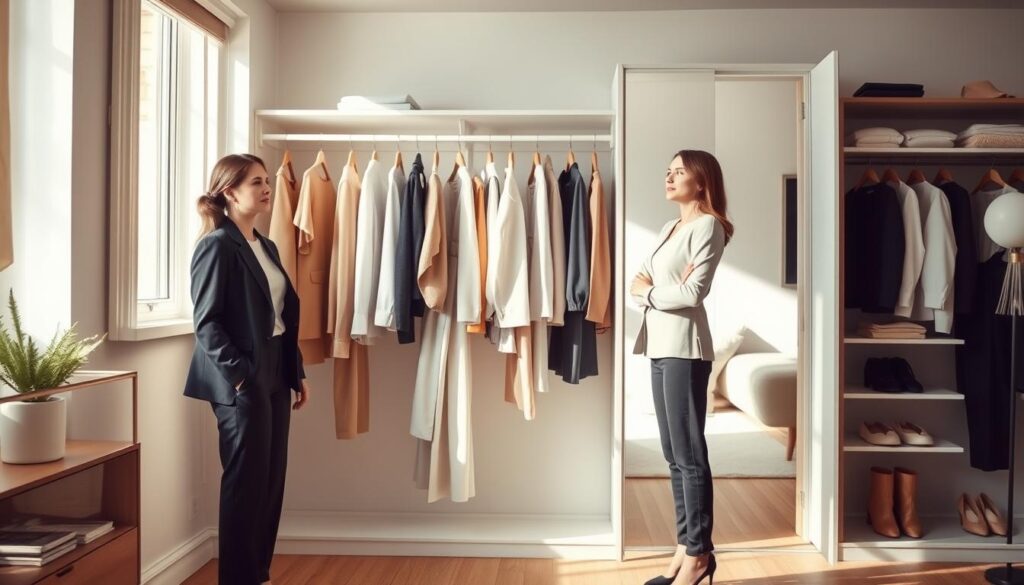 A serene modern wardrobe scene showcasing the benefits of a minimalist wardrobe for women. In the foreground, a neatly organized closet features a curated selection of versatile clothing pieces in neutral tones, exemplifying simplicity and elegance. A woman in professional business attire, embodying confidence and poise, stands thoughtfully in front of the wardrobe, contemplating her outfit choices. In the middle ground, soft natural lighting filters through a nearby window, highlighting the clean lines and uncluttered space. In the background, a tasteful, uncluttered room enhances the overall sense of calm and order. The atmosphere is inviting and inspiring, emphasizing clarity, freedom, and the ease of choosing daily attire. The perspective is slightly angled, capturing both the closet and the woman harmoniously.