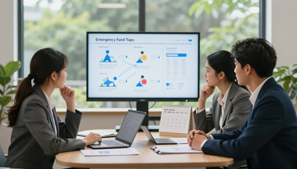 A serene office environment illuminated by soft, natural light streaming through large windows. In the foreground, a diverse group of three professionals—two women and one man—are gathered around a round table, each dressed in smart business attire. They are engaged in a focused discussion, with a laptop and financial documents spread out before them, symbolizing their careful consideration about when to tap into their emergency funds. In the middle, a visible chart detailing various emergency scenarios is projected on a screen, while a calendar highlighting urgent dates sits next to them. In the background, calming greenery can be seen outside the window, enhancing the peaceful yet serious atmosphere, emphasizing the importance of financial preparedness. The mood is contemplative and proactive, reflecting the critical decision-making process related to financial security.