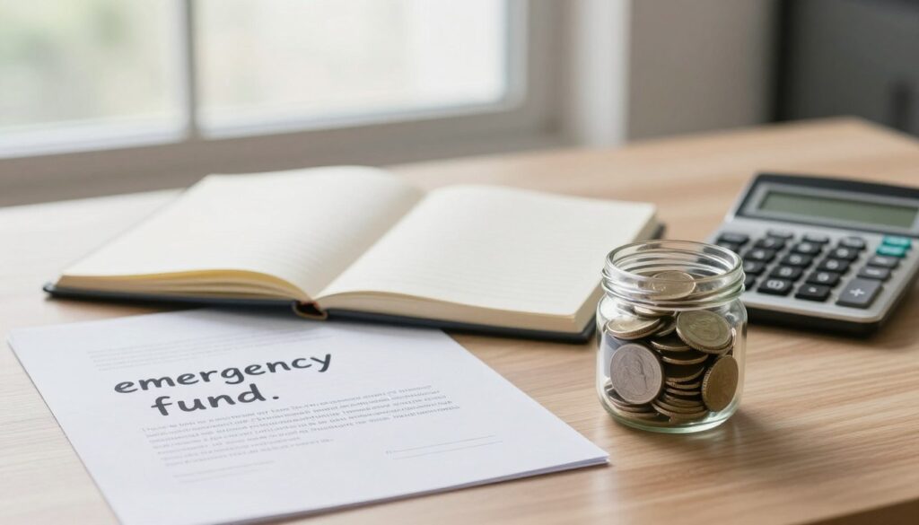 A serene office environment, showcasing a modern desk with a tidy arrangement of financial documents and a calculator, symbolizing the concept of an "emergency fund." In the foreground, a small, clear jar filled with coins and dollar bills represents savings, highlighting the importance of financial preparedness. The middle ground features an open notebook with handwritten notes outlining the definition of an emergency fund, emphasizing its purpose to cover unexpected expenses. The background includes a softly blurred window with natural light pouring in, creating a calm and reassuring atmosphere. Use a warm color palette to evoke a sense of security and stability. The image should convey professionalism, illustrating the importance of financial planning without any text or identifiers.