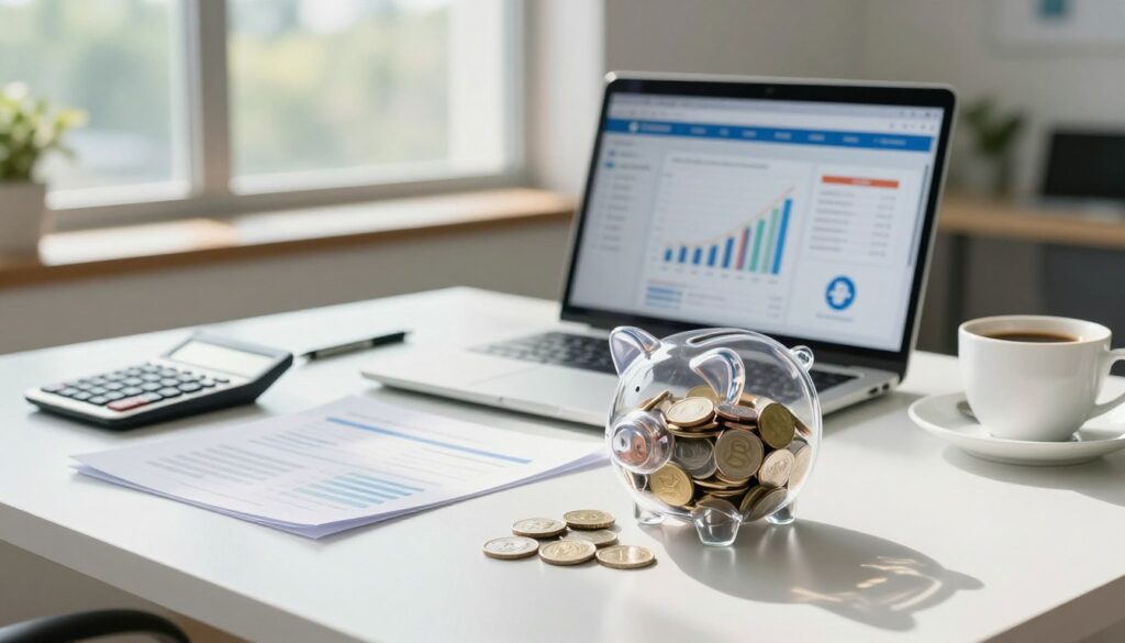 A serene office environment showcasing a modern desk with an open laptop displaying a financial app. In the foreground, a sleek, transparent piggy bank filled with colorful coins and small bills reflects the concept of an accessible emergency fund. The middle ground features a well-organized desk with financial documents, a calculator, and a cup of coffee, promoting a sense of financial responsibility. In the background, a large window lets in natural light, illuminating the space and creating a warm, inviting atmosphere. Soft shadows enhance the details while the overall color palette is calming, with greens and blues suggesting stability and security. The mood should be uplifting and encouraging, emphasizing financial preparedness and planning.