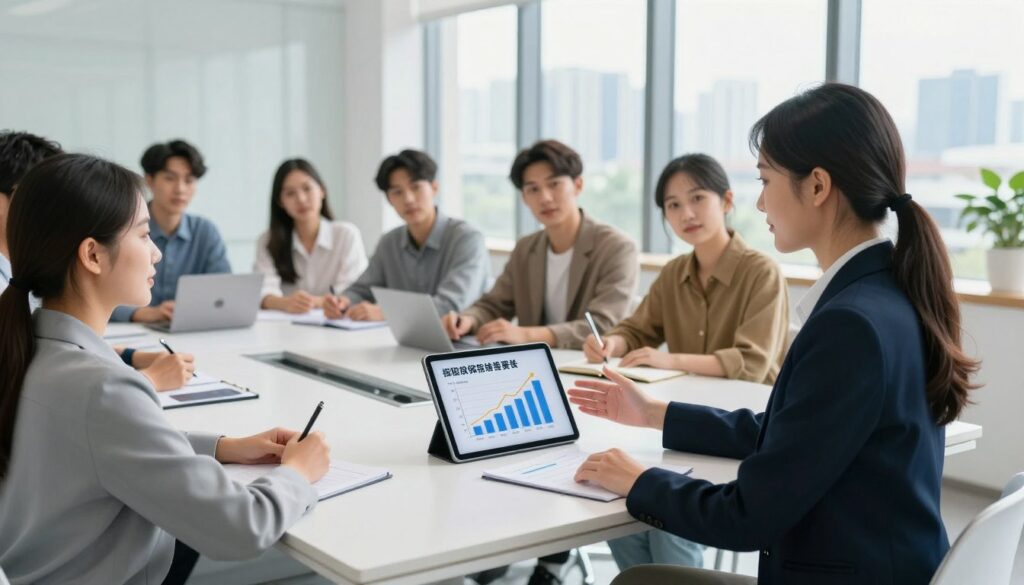 A serene office environment with a young female insurance advisor presenting long-term insurance savings strategies to a diverse group of young drivers seated around a modern conference table. In the foreground, the advisor, dressed in smart business attire, gestures towards a digital tablet displaying graphs and charts that illustrate savings over time. The middle ground features the engaged audience, a mix of attentive young adults in casual yet professional clothing, actively taking notes and discussing strategies. The background showcases a large window with natural light flooding in, a city skyline visible outside, creating an atmosphere of optimism and hope for the future. The overall mood is encouraging, emphasizing financial growth and smart choices in car insurance. The image is brightly lit, aiming for a clean and contemporary feel, shot from a slightly elevated angle for a comprehensive perspective.