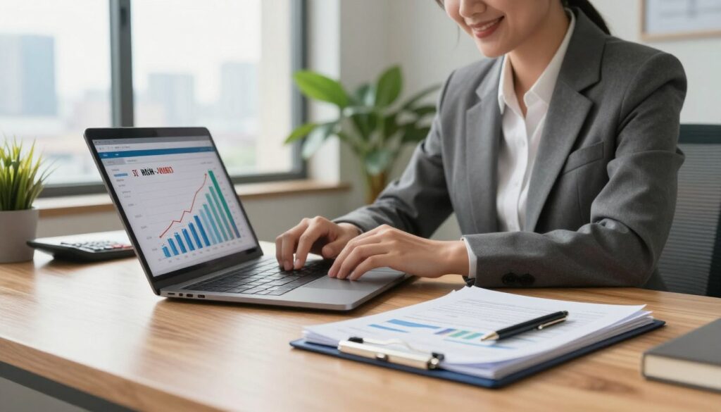 A serene office space showcasing a modern workspace with a high-quality wooden desk. In the foreground, a stylish laptop is open to a financial dashboard displaying graphs of high-yield savings and retirement account growth. Beside the laptop, a neatly organized stack of financial documents and a calculator can be seen. In the middle ground, a person in professional business attire is focused on the laptop, a satisfied smile on their face, embodying success and financial wisdom. The background has a large window with natural light streaming in, illuminating indoor plants and a view of a city skyline. Soft, warm lighting sets a positive and motivational mood, promoting the theme of financial growth and security.