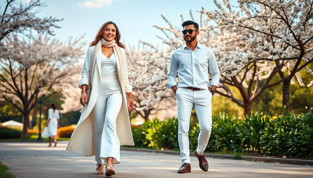 A serene outdoor scene showcasing several diverse individuals dressed in elegant all-white outfits suitable for transitional spring weather. In the foreground, a confident woman wearing a stylish white long coat over a fitted white blouse and flowy pants, accessorized with a light scarf, walking gracefully. Beside her, a man in a crisp white button-down shirt paired with tailored white chinos, casually adjusting his sunglasses. In the middle ground, a park with blooming cherry blossom trees and vibrant greenery, with soft petals gently falling around them. The background features a bright blue sky and softly diffused sunlight, creating a warm, inviting atmosphere. The overall mood conveys freshness and sophistication, perfect for spring trends. A serene outdoor scene showcasing several diverse individuals dressed in elegant all-white outfits suitable for transitional spring weather. In the foreground, a confident woman wearing a stylish white long coat over a fitted white blouse and flowy pants, accessorized with a light scarf, walking gracefully. Beside her, a man in a crisp white button-down shirt paired with tailored white chinos, casually adjusting his sunglasses. In the middle ground, a park with blooming cherry blossom trees and vibrant greenery, with soft petals gently falling around them. The background features a bright blue sky and softly diffused sunlight, creating a warm, inviting atmosphere. The overall mood conveys freshness and sophistication, perfect for spring trends.