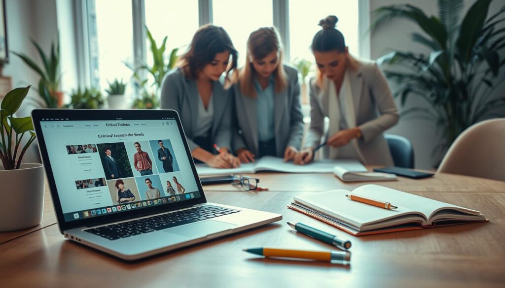 A serene workspace filled with organic elements reflecting sustainable fashion. In the foreground, a stylish desk features a laptop displaying various ethical fashion brands' websites, alongside fabric swatches made from recycled materials. Next to the laptop, a notebook and eco-friendly pens hint at research in progress. In the middle ground, a diverse group of three individuals, dressed in professional yet stylish attire, collaborate over fashion sketches and fabrics, embodying an atmosphere of creativity and sustainability. The background showcases potted plants and soft, natural light streaming through a large window, enhancing the eco-conscious vibe. The overall mood is focused and inspiring, emphasizing the importance of ethical fashion research. Bright, warm lighting creates an inviting feel, captured from a slight overhead angle for depth.