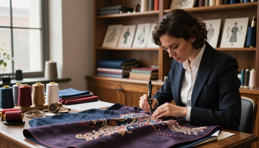 A skilled artisan meticulously crafts a luxurious garment inside a softly lit heritage fashion house. In the foreground, the artisan, dressed in professional business attire, delicately stitches intricate patterns onto rich textile using vintage sewing tools. The middle ground showcases beautifully arranged spools of high-quality fabrics and an array of handcrafted accessories, hinting at the rich history of the brand. The background reveals elegant wooden shelves lined with classic fashion sketches, creating a warm, timeless atmosphere. Soft, natural light streams through large windows, illuminating the space and casting gentle shadows, evoking a sense of tradition and dedication to craftsmanship. Capture this intimate moment of artistry that celebrates the legacy of luxury fashion.