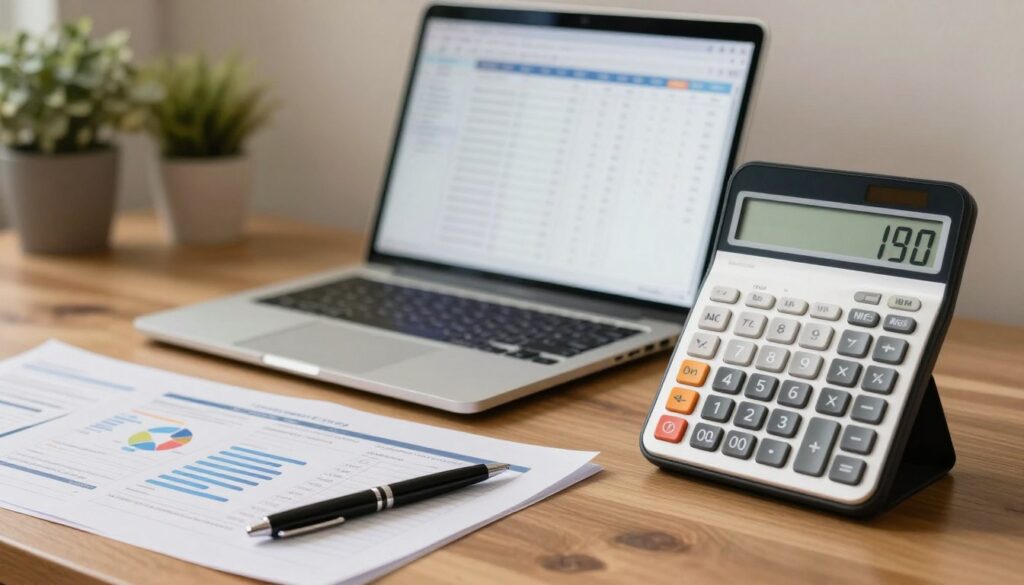 A sleek monthly expenses calculator displayed prominently on a wooden desk, featuring a modern interface with clear, colorful graphs and charts. In the foreground, neatly arranged financial documents and a pen accompany the device, suggesting organization and careful planning. The middle section features an elegant laptop with an open spreadsheet, reflecting meticulous financial tracking. Soft, warm ambient lighting illuminates the workspace, creating a welcoming and productive atmosphere. In the background, a subtle hint of a green plant adds a touch of life, symbolizing growth and stability. The overall mood is calm and focused, highlighting the importance of financial preparedness. The scene is captured with a shallow depth of field, emphasizing the calculator and documents while softly blurring the background.
