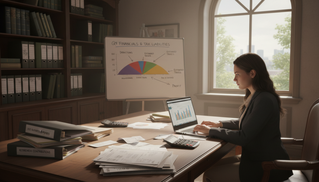 A small business tax filing scene set in a bright, organized office. In the foreground, a focused businesswoman, dressed in professional attire, is sitting at a desk covered with paperwork, calculators, and a laptop open to a tax filing software. In the middle, a chart displaying complex tax data is prominently featured, alongside stacks of organized financial documents. The background shows a large window with natural light pouring in, illuminating the space, and a bookshelf filled with accounting books and finance guides. The mood is diligent and analytical, with soft lighting that creates a warm atmosphere, suggesting a busy, yet calm day of tax preparation. A subtle angled perspective adds depth to the arrangement, emphasizing the importance of accurate tax management for businesses and retirement planning. A small business tax filing scene set in a bright, organized office. In the foreground, a focused businesswoman, dressed in professional attire, is sitting at a desk covered with paperwork, calculators, and a laptop open to a tax filing software. In the middle, a chart displaying complex tax data is prominently featured, alongside stacks of organized financial documents. The background shows a large window with natural light pouring in, illuminating the space, and a bookshelf filled with accounting books and finance guides. The mood is diligent and analytical, with soft lighting that creates a warm atmosphere, suggesting a busy, yet calm day of tax preparation. A subtle angled perspective adds depth to the arrangement, emphasizing the importance of accurate tax management for businesses and retirement planning.