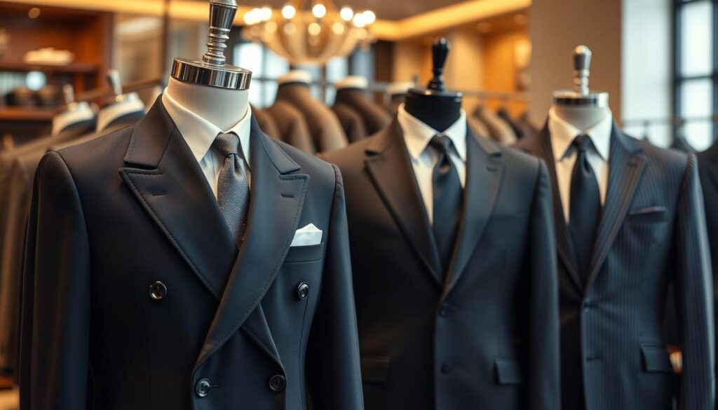 A sophisticated arrangement of elevated formalwear suits and blazers, showcasing a variety of styles. In the foreground, display a striking double-breasted blazer with elegant lapels in deep navy and a tailored black suit with a crisp white shirt and a silk tie. The middle ground features an array of textures, including herringbone and pinstripe patterns, draped on mannequin displays. In the background, a softly blurred upscale boutique ambiance with warm, inviting lighting, highlighting the richness of the fabrics. The overall mood should evoke a sense of timeless elegance and refined masculinity, perfect for a stylish men's wardrobe. Capture the scene at a shallow depth of field, focusing on the exquisite details of the garments while keeping the background subtly contextual. A sophisticated arrangement of elevated formalwear suits and blazers, showcasing a variety of styles. In the foreground, display a striking double-breasted blazer with elegant lapels in deep navy and a tailored black suit with a crisp white shirt and a silk tie. The middle ground features an array of textures, including herringbone and pinstripe patterns, draped on mannequin displays. In the background, a softly blurred upscale boutique ambiance with warm, inviting lighting, highlighting the richness of the fabrics. The overall mood should evoke a sense of timeless elegance and refined masculinity, perfect for a stylish men's wardrobe. Capture the scene at a shallow depth of field, focusing on the exquisite details of the garments while keeping the background subtly contextual.