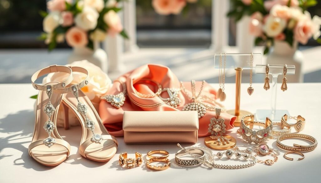 A sophisticated flat lay of stylish wedding guest accessories, featuring an array of elegant shoes, sparkling jewelry, and eye-catching statement pieces. In the foreground, display a pair of chic strappy heels in soft pastel colors, delicately embellished with crystals. Next to them, arrange a selection of gold and silver necklaces, earrings, and bracelets, shimmering under soft natural light. In the middle, include a vibrant silk scarf and a small, classy clutch bag. The background should hint at a garden or a soft-focus wedding venue, with blurred floral arrangements creating an enchanting atmosphere. Utilize bright, airy lighting to evoke a sense of celebration and elegance, captured from a slightly elevated angle to showcase the accessories beautifully. Ensure the composition feels balanced, inviting, and stylish without any distractions.
