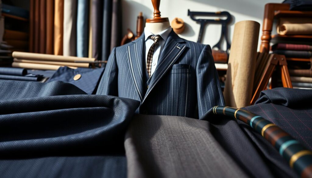 A sophisticated guide to suit fabric colors and patterns, presented as a stylish flat lay. In the foreground, various swatches of rich fabrics, including navy blue herringbone, grey pinstripe, classic black, and plaid, are neatly arranged. The middle ground features a tailored suit jacket partially draped on a wooden mannequin, highlighting the elegant textures. Background elements include soft-focus fabric rolls in muted tones and a well-lit workspace with a stylish tailor's toolset, conveying a professional yet inviting atmosphere. Use natural light to create soft highlights across the fabrics, enhancing their quality. The overall mood should evoke a sense of refinement and expertise in menswear tailoring, suitable for fashion enthusiasts looking to master their style.