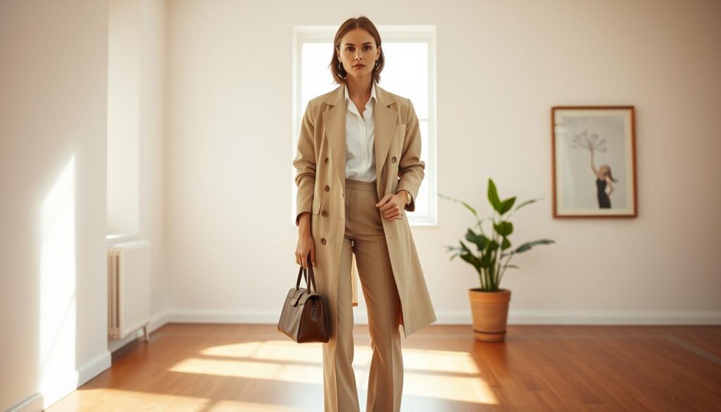 A sophisticated scene featuring a stylish, elegantly dressed woman in a chic neutral-toned outfit, standing gracefully in a softly lit, minimalist room. The foreground showcases her polished look, with a tailored beige trench coat over a crisp white blouse and tailored trousers. Her accessories are understated, with a simple watch and a classic leather handbag. In the middle ground, a large window allows gentle, diffused sunlight to cascade in, illuminating the room and creating soft shadows on the warm wooden floor. The background features subtle art pieces and a potted plant, enhancing the atmosphere of timeless elegance. The mood is serene and refined, embodying effortless sophistication, perfect for inspiring a sense of elevated style.