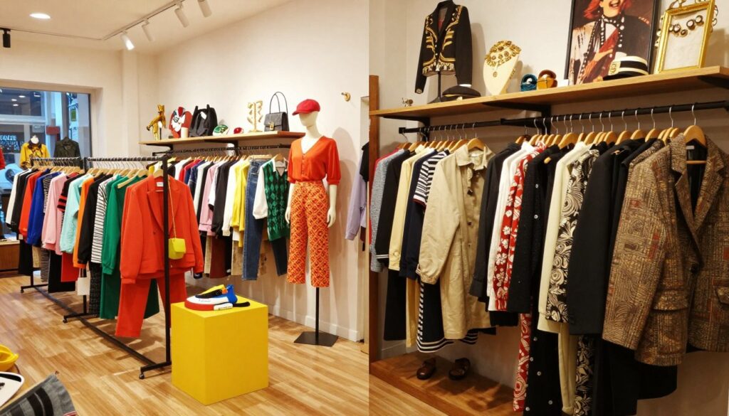 A split-image composition contrasting fast fashion and vintage style. On the left, a trendy fast fashion boutique interior featuring brightly colored clothing racks and modern displays, with mannequins dressed in vibrant, contemporary outfits that reflect the latest trends. The lighting is bright and energetic, emphasizing the fast-paced nature of fashion retail. On the right, a cozy vintage shop with warm wooden tones, showcasing carefully curated classic garments from past decades. Soft lighting creates an inviting atmosphere, highlighting textured fabrics and unique details, such as vintage accessories and retro patterns. The overall mood is one of nostalgia versus modernity, encouraging viewers to appreciate the depth of true vintage style over the fleeting nature of fast fashion. A split-image composition contrasting fast fashion and vintage style. On the left, a trendy fast fashion boutique interior featuring brightly colored clothing racks and modern displays, with mannequins dressed in vibrant, contemporary outfits that reflect the latest trends. The lighting is bright and energetic, emphasizing the fast-paced nature of fashion retail. On the right, a cozy vintage shop with warm wooden tones, showcasing carefully curated classic garments from past decades. Soft lighting creates an inviting atmosphere, highlighting textured fabrics and unique details, such as vintage accessories and retro patterns. The overall mood is one of nostalgia versus modernity, encouraging viewers to appreciate the depth of true vintage style over the fleeting nature of fast fashion.