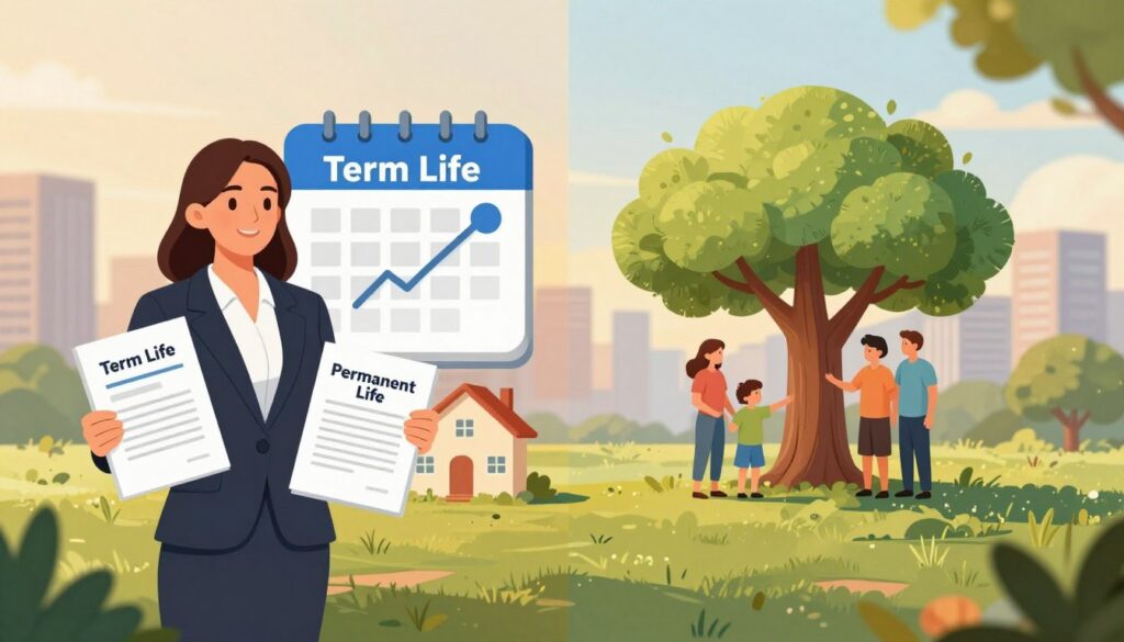 A split-scene illustration contrasting term life insurance and permanent life insurance. In the foreground, a professional woman in business attire stands confidently, holding two documents labeled "Term Life" and "Permanent Life". In the middle, a distinct visual divide shows term life insurance represented by a calendar ticking down, with symbols of short-term financial security like a house and a family. The other side portrays permanent life insurance with a tree symbolizing long-term growth, featuring a family enjoying life under its branches. The background features soft-focus cityscapes merging into serene nature, signifying stability in different environments. Golden hour lighting bathes the scene, creating a warm, reassuring atmosphere that evokes trust and security.