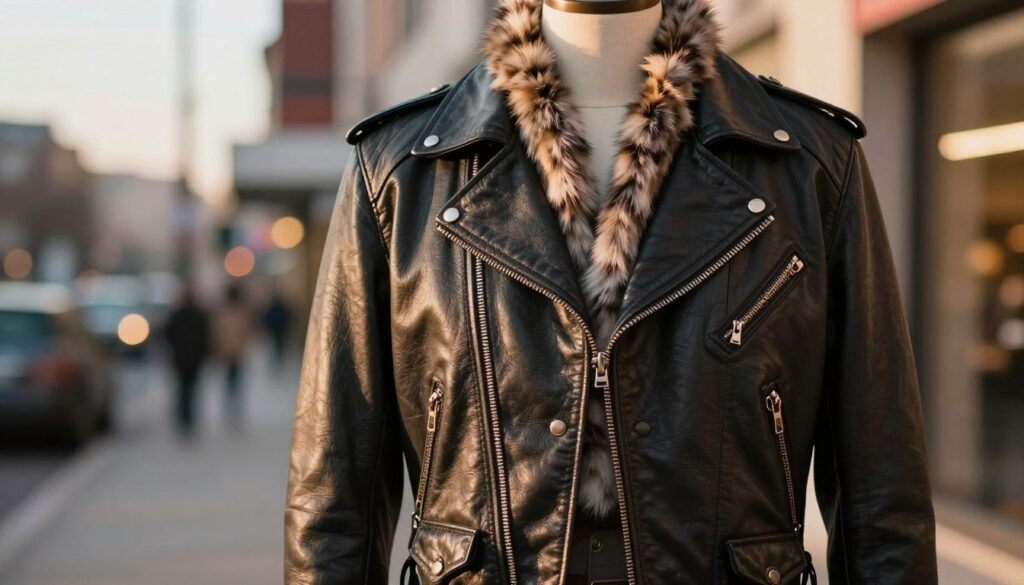 A stylish and edgy leather jacket displayed prominently in the foreground, featuring bold zippers, asymmetrical cuts, and rich texture, showcasing a blend of 90s punk aesthetics and contemporary flair. The middle ground features a mannequin adorned with the jacket, accented by a chic faux-fur scarf draped around its neck, emphasizing the luxe details. The background includes a soft, blurred urban setting with warm, ambient lighting that suggests a late afternoon sun, creating a relaxed yet vibrant atmosphere. The overall mood conveys confidence and nostalgia, reminiscent of 90s fashion influences. The image is captured using a medium lens from a slightly low angle to enhance the jacket’s dramatic lines without any distractions like text or watermarks.