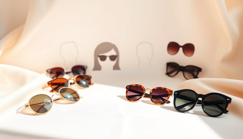 A stylish and informative display illustrating diverse sunglasses styles tailored to various face shapes. In the foreground, a soft-focus arrangement of sunglasses forms a semi-circle, showcasing different frames like aviators, round, cat-eye, and wayfarers, each placed against elegant, neutral fabric. The middle ground features a subtle outline of different face shapes, including oval, square, heart, and round, with faint contrasting colors to distinguish them. In the background, a serene pastel gradient provides a calm atmosphere, evoking a sunny day. The lighting should be bright and flattering, highlighting the textures and colors of the sunglasses without harsh shadows. Overall, the image should feel inviting and educational, perfect for helping readers choose the right sunglasses for their face shape. A stylish and informative display illustrating diverse sunglasses styles tailored to various face shapes. In the foreground, a soft-focus arrangement of sunglasses forms a semi-circle, showcasing different frames like aviators, round, cat-eye, and wayfarers, each placed against elegant, neutral fabric. The middle ground features a subtle outline of different face shapes, including oval, square, heart, and round, with faint contrasting colors to distinguish them. In the background, a serene pastel gradient provides a calm atmosphere, evoking a sunny day. The lighting should be bright and flattering, highlighting the textures and colors of the sunglasses without harsh shadows. Overall, the image should feel inviting and educational, perfect for helping readers choose the right sunglasses for their face shape.