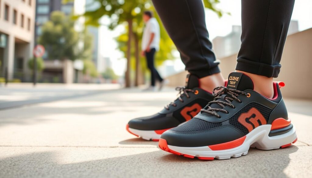 A stylish and modern pair of Clove sneakers is showcased prominently in the foreground, featuring a sleek design with a breathable mesh upper, cushioned soles, and vibrant accent colors. In the middle ground, a soft, inviting atmosphere is created with a casually dressed individual, wearing a smart-casual outfit that complements the sneakers, standing on a light, textured urban sidewalk. The background features a blurred glimpse of a cityscape with green trees, indicating an outdoor setting. Natural sunlight filters in, casting soft shadows and highlighting the comfort and stylish features of the sneakers. The overall mood is relaxed and stylish, suggesting that these sneakers can be worn effortlessly for long hours while maintaining both comfort and fashion.