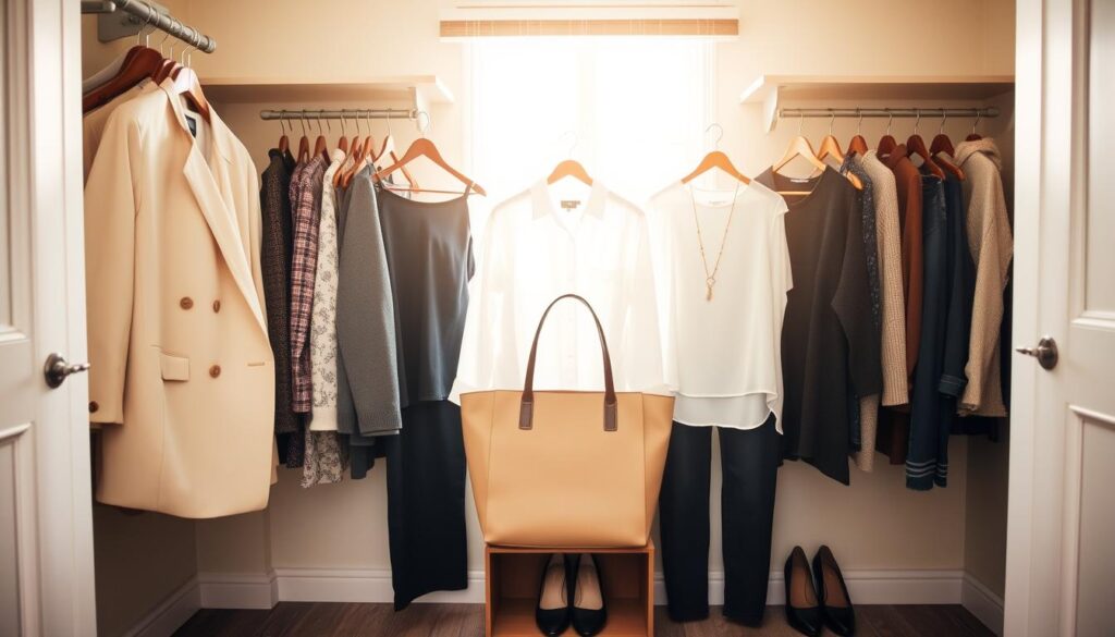 A stylish and organized closet displaying a collection of versatile pieces suitable for both work and home life. In the foreground, a neatly arranged selection of clothing items: a tailored blazer, a classic white blouse, a pair of dark wash jeans, and a comfortable yet chic sweater. The middle ground features matching accessories such as a professional tote bag, understated jewelry, and a pair of stylish but functional shoes. In the background, soft natural light filters through a window, casting a warm glow over the scene. The atmosphere is inviting and sophisticated, creating an ideal blend of professionalism and comfort, reflecting the lifestyle of modern working moms. The image is captured with a wide-angle lens to showcase the full ensemble visually, emphasizing balance and simplicity in fashion choices.