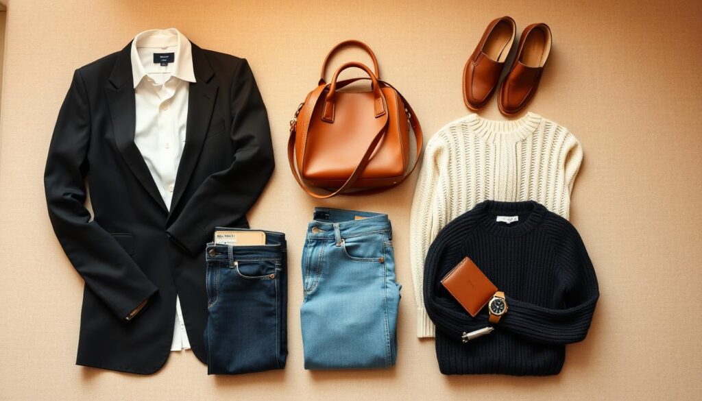 A stylish and organized flat lay of essential capsule wardrobe items, showcasing a minimalist aesthetic. In the foreground, neatly folded staple pieces like a white button-up shirt, a classic black blazer, tailored trousers, a pair of versatile denim jeans, and a soft knit sweater are displayed. In the middle, include elegantly placed accessories such as a lightweight scarf, a leather handbag, comfortable loafers, and a simple watch. The background features a subtle texture reminiscent of natural fabrics in soft, earthy tones, enhancing the calming atmosphere. Soft, diffused lighting creates a warm glow, highlighting the textures and colors of the clothing. The camera angle is slightly above, capturing the full arrangement in an inviting, orderly manner, embodying the simplicity and elegance of a capsule wardrobe.