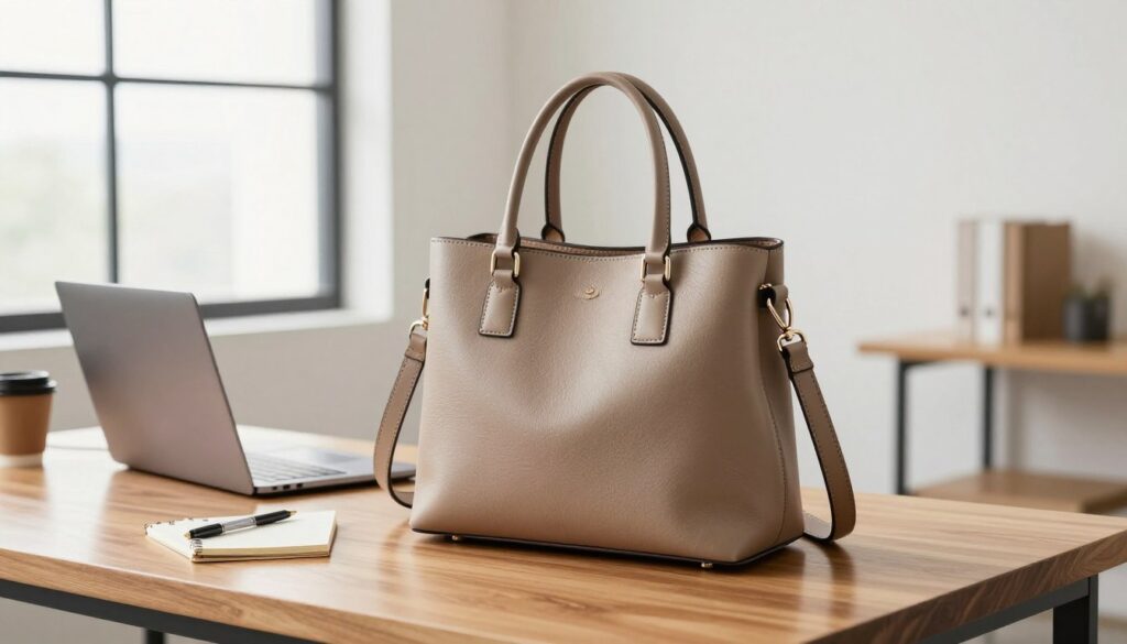 A stylish and versatile handbag showcased in a bright, modern office environment. The handbag, made of high-quality leather, features a sleek design with both structured and soft elements; it has comfortable double handles and a detachable shoulder strap. In the foreground, the bag is placed on a polished wooden desk alongside a laptop, notepad, and a coffee cup, suggesting a work setting. In the background, a minimalistic interior with large windows allows natural light to illuminate the space, enhancing the cozy yet professional atmosphere. The angle captures the handbag’s details while ensuring a clear focus on its functionality for both work and casual outings. The overall mood is polished, inviting, and practical, perfect for any lifestyle.