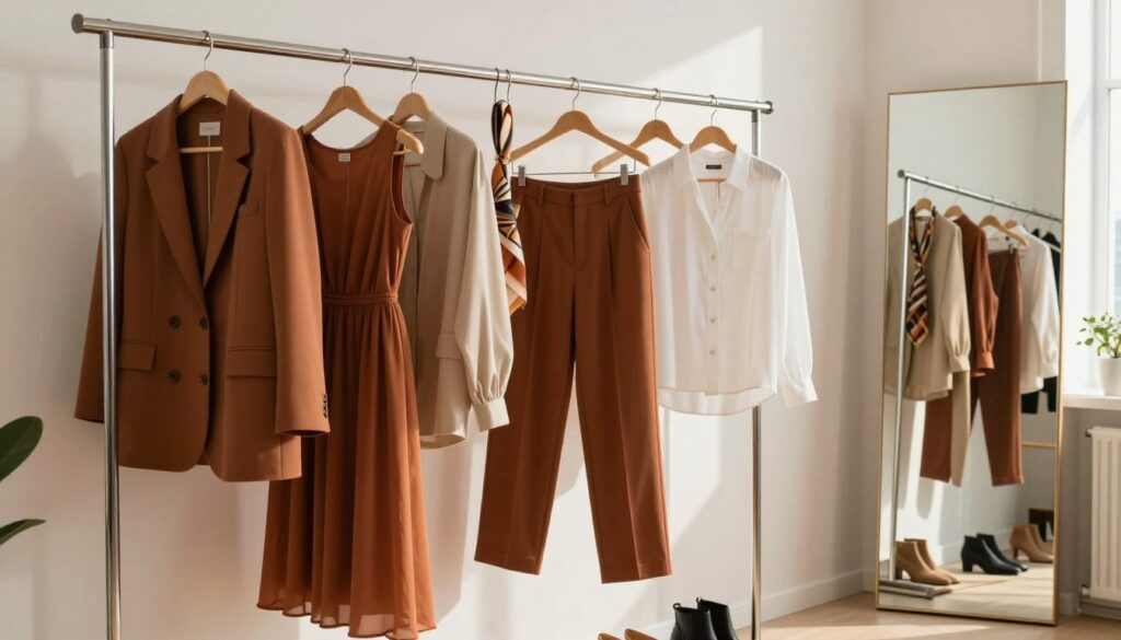 A stylish and versatile wardrobe displayed on a sleek, modern clothing rack. The foreground features a variety of body-positive fashion pieces, including a tailored blazer, a flowing maxi dress, high-waisted trousers, and a classic white blouse, all in rich, warm colors. The middle ground showcases well-organized accessories like belts, scarves, and shoes that complement the outfits, highlighting their adaptability. The background features a softly lit, minimalistic room with a large mirror reflecting the clothing rack, enhancing the sense of space. Natural sunlight filters in through a nearby window, creating a warm and inviting atmosphere. The overall mood conveys confidence, versatility, and a celebration of diverse body types, suitable for anyone looking to build a fashionable and empowering wardrobe. A stylish and versatile wardrobe displayed on a sleek, modern clothing rack. The foreground features a variety of body-positive fashion pieces, including a tailored blazer, a flowing maxi dress, high-waisted trousers, and a classic white blouse, all in rich, warm colors. The middle ground showcases well-organized accessories like belts, scarves, and shoes that complement the outfits, highlighting their adaptability. The background features a softly lit, minimalistic room with a large mirror reflecting the clothing rack, enhancing the sense of space. Natural sunlight filters in through a nearby window, creating a warm and inviting atmosphere. The overall mood conveys confidence, versatility, and a celebration of diverse body types, suitable for anyone looking to build a fashionable and empowering wardrobe.