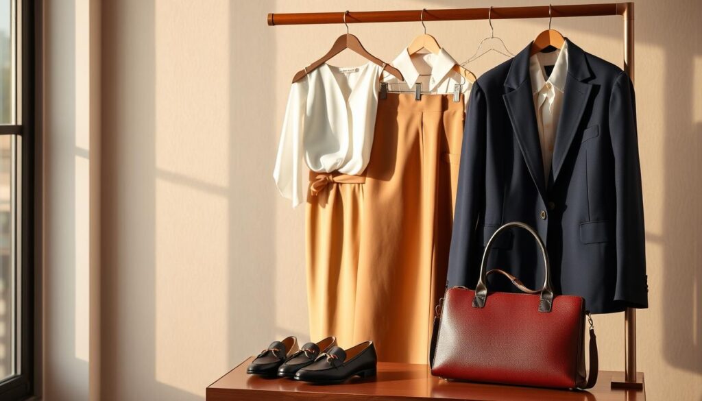 A stylish arrangement of key wardrobe staples for a business casual look for women, displayed on a chic wooden clothing rack. In the foreground, neatly hung items include a tailored blazer in navy, a crisp white blouse, and high-waisted, tailored trousers. A pair of elegant loafers and a smart, versatile handbag rest on a nearby table. In the middle, a soft, neutral-hued backdrop features a subtle texture that suggests a professional environment. The lighting is warm and natural, coming from a large window to the left, casting gentle shadows. A shallow depth of field creates a pleasing bokeh effect, emphasizing the clothing while softly blurring the background. The overall mood is sophisticated and inviting, conveying a sense of professionalism and style that can elevate any office outfit.