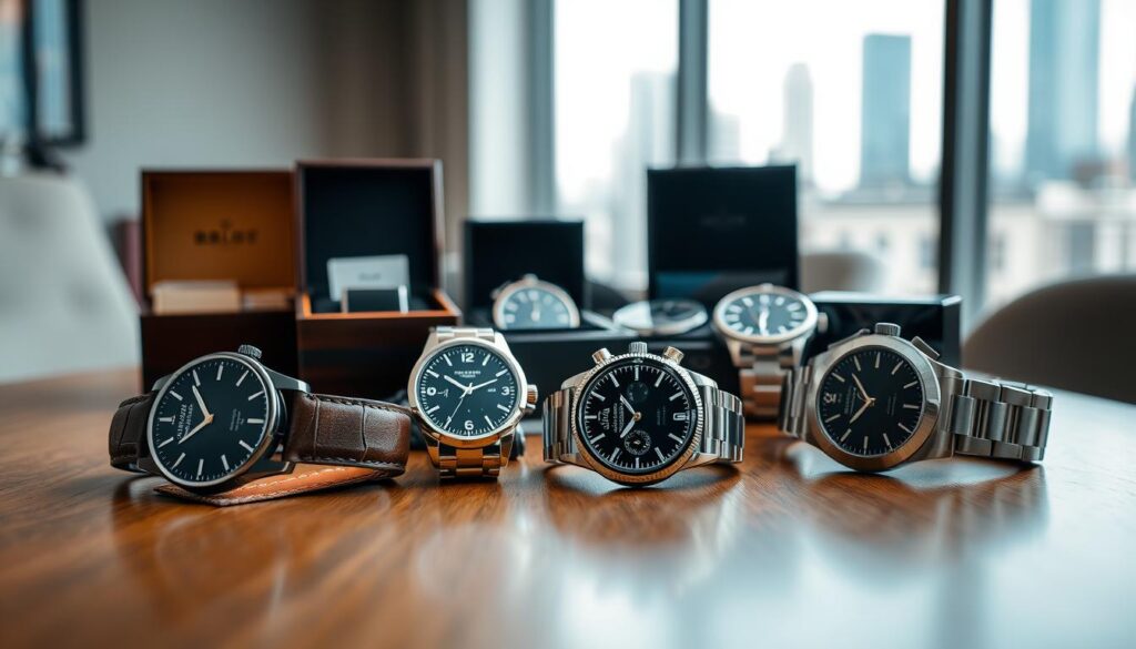 A stylish arrangement of men's watches showcasing various styles and designs arranged on a sleek wooden surface. In the foreground, highlight an elegant automatic watch with a leather strap, a modern smartwatch with a metallic finish, and a classic stainless steel chronograph. In the middle, include a collection of watch boxes and accessories like a watch winder and cleaning cloths. In the background, softly blurred, there are hints of a contemporary office setting with a blurred city skyline through a large window, casting natural light over the scene. The mood is sophisticated and refined, evoking a sense of luxury and attention to detail, perfect for showcasing the balance of function and fashion in men's accessories.