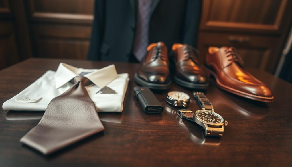 A stylish arrangement of suit accessories laid out on a rich, dark wooden table. In the foreground, place a neatly folded crisp white dress shirt, an elegant silk tie with a subtle pattern, and a classic pocket square peeking from a sleek black blazer. In the middle, showcase polished leather shoes, a tasteful wristwatch, and cufflinks, all exuding sophistication. The background features a blurred glimpse of a well-tailored suit hanging on a hanger, softly illuminated by warm, diffused lighting to create an inviting atmosphere. The overall mood should convey professionalism and elegance, capturing the essence of refining one’s style. The camera angle is slightly above eye level, emphasizing the textures and details of each accessory.