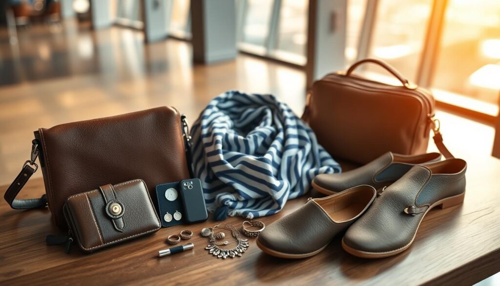 A stylish arrangement of versatile travel accessories displayed on a wooden table in a well-lit, cozy travel-themed setting. In the foreground, feature a leather crossbody bag, a multifunctional travel wallet, a compact multi-tool, and a set of mixing jewelry pieces like interchangeable earrings and a statement necklace. In the middle, include a neatly rolled-up travel scarf and a pair of comfortable slip-on shoes. The background shows a softly blurred landscape of an airport terminal or a scenic travel destination with warm, inviting lighting. Capture a sense of wanderlust and sophistication, evoking a mood of effortless travel preparation. The scene should be framed with a slight overhead angle, using natural light to highlight the textures and colors of the accessories.