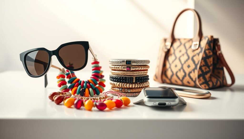 A stylish assortment of cutting-edge fashion accessories displayed on a sleek, modern surface. In the foreground, a pair of oversized, geometric sunglasses with reflective lenses, a statement chunky necklace made of vibrant, mixed materials, and an avant-garde handbag featuring bold patterns and a unique silhouette. In the middle ground, delicately arranged trendy bracelets stacked elegantly alongside a high-tech smartwatch. The background shows a minimalist, bright setting with soft, diffused daylight illuminating the accessories, creating a fresh, vibrant atmosphere. Use a shallow depth of field to enhance focus on the accessories while slightly blurring the background. The overall mood is contemporary and fashion-forward, perfect for showcasing the latest in stylish summer accessories.