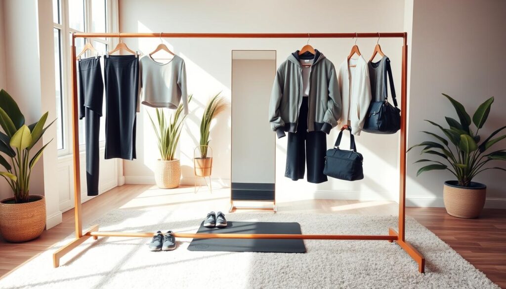 A stylish athleisure capsule wardrobe displayed on a sleek wooden rack in a modern, sunlit room. Foreground features a neatly arranged selection of essential pieces: high-waisted leggings, a cropped hoodie, a lightweight bomber jacket, a pair of trendy sneakers, and a stylish gym bag. In the middle, a full-length mirror reflects the outfits, showcasing versatility and appeal. On a soft carpeted floor, a stylish yoga mat is also visible. Background elements include potted plants and neutral-toned walls that enhance the serene atmosphere. The lighting is soft and warm, creating a welcoming mood. The scene is shot from a slightly elevated angle to capture the full display of the wardrobe items, emphasizing their stylish design and functionality.
