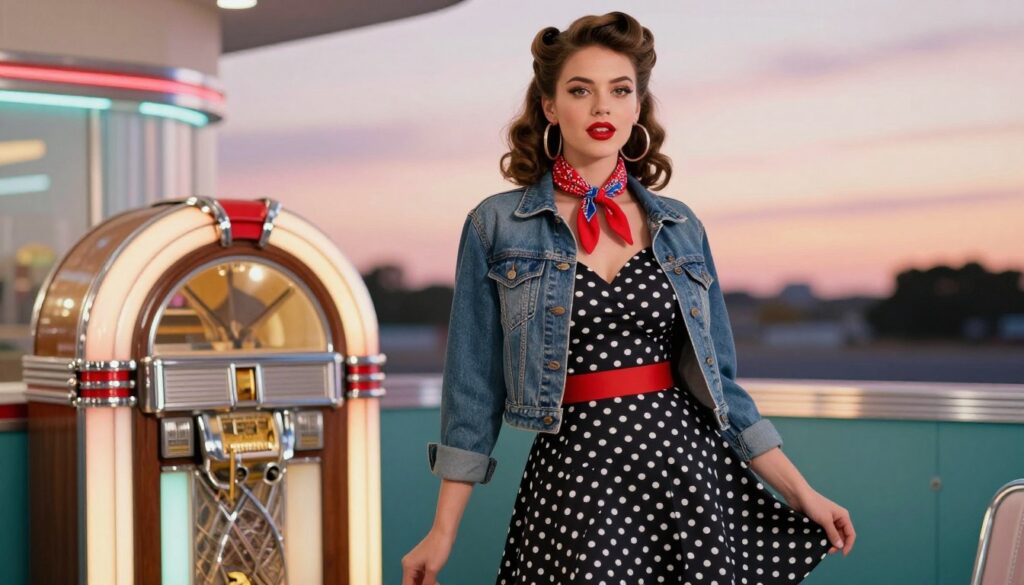 A stylish blend of modern vintage fashion in a rockabilly theme, featuring a young woman with a retro hairstyle, possibly victory rolls, and classic red lipstick. She wears a fitted polka-dot dress with a flared skirt, complemented by a stylish denim jacket. Her accessories include large hoop earrings and a colorful bandana. The foreground captures her vibrant pose, exuding confidence. In the middle ground, a vintage diner setting with chrome details and a jukebox enhances the retro vibe. The background is softly blurred, showing a pastel sunset sky, evoking a nostalgic mood. Use soft, ambient lighting to highlight her outfit and create a warm atmosphere, with a focus on capturing the essence of rockabilly fashion seamlessly merged with modern trends. A stylish blend of modern vintage fashion in a rockabilly theme, featuring a young woman with a retro hairstyle, possibly victory rolls, and classic red lipstick. She wears a fitted polka-dot dress with a flared skirt, complemented by a stylish denim jacket. Her accessories include large hoop earrings and a colorful bandana. The foreground captures her vibrant pose, exuding confidence. In the middle ground, a vintage diner setting with chrome details and a jukebox enhances the retro vibe. The background is softly blurred, showing a pastel sunset sky, evoking a nostalgic mood. Use soft, ambient lighting to highlight her outfit and create a warm atmosphere, with a focus on capturing the essence of rockabilly fashion seamlessly merged with modern trends.