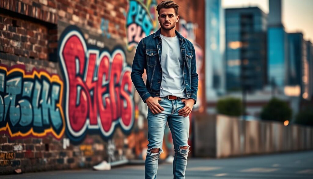 A stylish casual denim outfit for men, featuring a slim-fit dark wash denim jacket paired with a classic white T-shirt and light wash distressed jeans. The model stands confidently against an urban backdrop, showcasing a mix of trendiness and timelessness. In the foreground, the outfit is accentuated by casual white sneakers. Midground elements include a rustic brick wall with vibrant street art, adding color and depth to the scene. The background features blurred cityscapes, captured during golden hour for warm, flattering lighting that enhances the denim texture. The overall mood is relaxed yet stylish, evoking a sense of effortless cool suitable for various casual settings. A stylish casual denim outfit for men, featuring a slim-fit dark wash denim jacket paired with a classic white T-shirt and light wash distressed jeans. The model stands confidently against an urban backdrop, showcasing a mix of trendiness and timelessness. In the foreground, the outfit is accentuated by casual white sneakers. Midground elements include a rustic brick wall with vibrant street art, adding color and depth to the scene. The background features blurred cityscapes, captured during golden hour for warm, flattering lighting that enhances the denim texture. The overall mood is relaxed yet stylish, evoking a sense of effortless cool suitable for various casual settings.