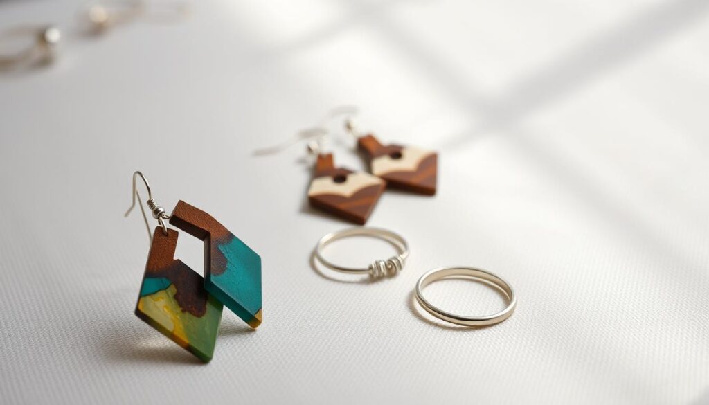 A stylish close-up shot of unique personal style earrings displayed elegantly on a light, textured fabric background. The earrings feature a blend of geometric shapes and natural materials like wood and resin, showcasing vibrant colors that embody creativity. In the foreground, the earrings catch soft, diffused natural light, creating gentle shadows that enhance their intricate designs. The middle ground focuses on a small selection of additional accessories like a delicate bracelet and a ring, subtly complementing the earrings. A blurred background accentuates the foreground, suggesting a cozy, inviting atmosphere, perfect for showcasing personal expression. The overall mood is artistic and inspiring, inviting viewers to explore their own unique jewelry choices.