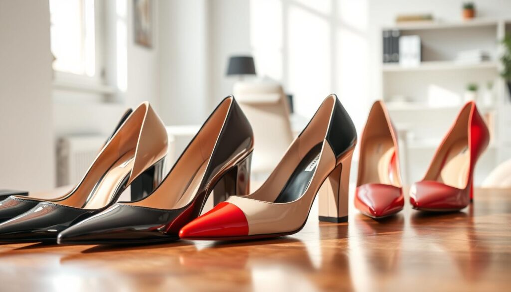 A stylish close-up view of trendy office heels and block-heels elegantly displayed on a polished wooden desk. The heels showcase a variety of designs, including classic black patent leather, a chic nude block-heel, and a vibrant red pointed-toe heel. Soft natural light filters in from a nearby window, casting gentle shadows and highlighting the textures of the shoes. In the background, a blurred view of an office space with a sleek modern design — white walls, a minimalist desk, and a few stylish accessories that add a professional atmosphere. The overall mood should be sophisticated and aspirational, emphasizing both comfort and style for working women. A stylish close-up view of trendy office heels and block-heels elegantly displayed on a polished wooden desk. The heels showcase a variety of designs, including classic black patent leather, a chic nude block-heel, and a vibrant red pointed-toe heel. Soft natural light filters in from a nearby window, casting gentle shadows and highlighting the textures of the shoes. In the background, a blurred view of an office space with a sleek modern design — white walls, a minimalist desk, and a few stylish accessories that add a professional atmosphere. The overall mood should be sophisticated and aspirational, emphasizing both comfort and style for working women.