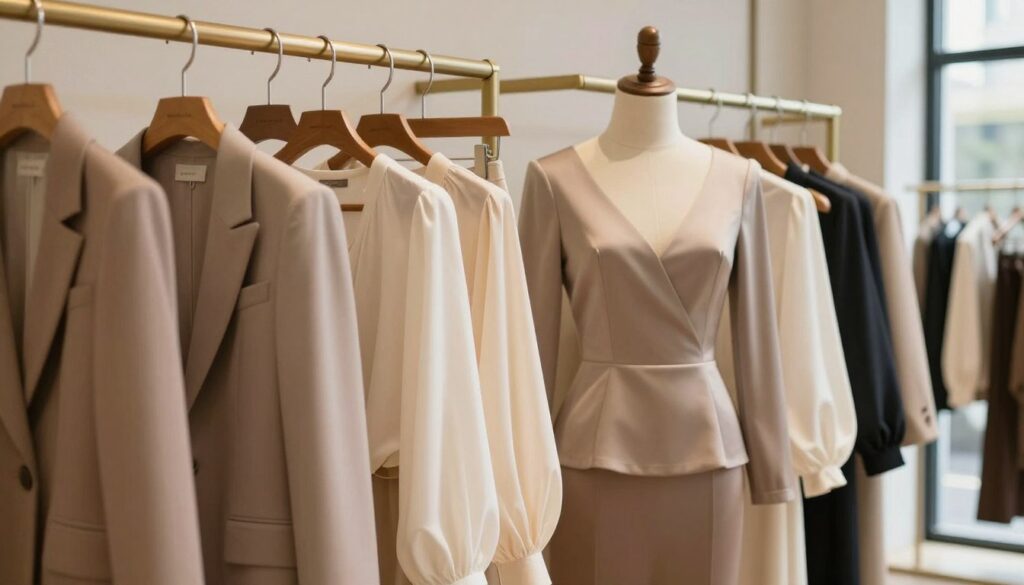 A stylish clothing rack filled with various hourglass sleeve styles, showcasing a mix of elegant tops designed for an hourglass figure. In the foreground, a soft-focus highlight on a tailored blazer with structured shoulders and voluminous sleeves, alongside a delicate blouse with puff sleeves. The middle layer features a chic, form-fitting top with bell sleeves and a peplum waist, elegantly draped on a mannequin. The background displays an airy boutique environment with warm, natural lighting streaming through large windows, creating an inviting atmosphere. This image captures the essence of mastering sleeve and top styles that complement an hourglass silhouette, emphasizing sophistication and style.