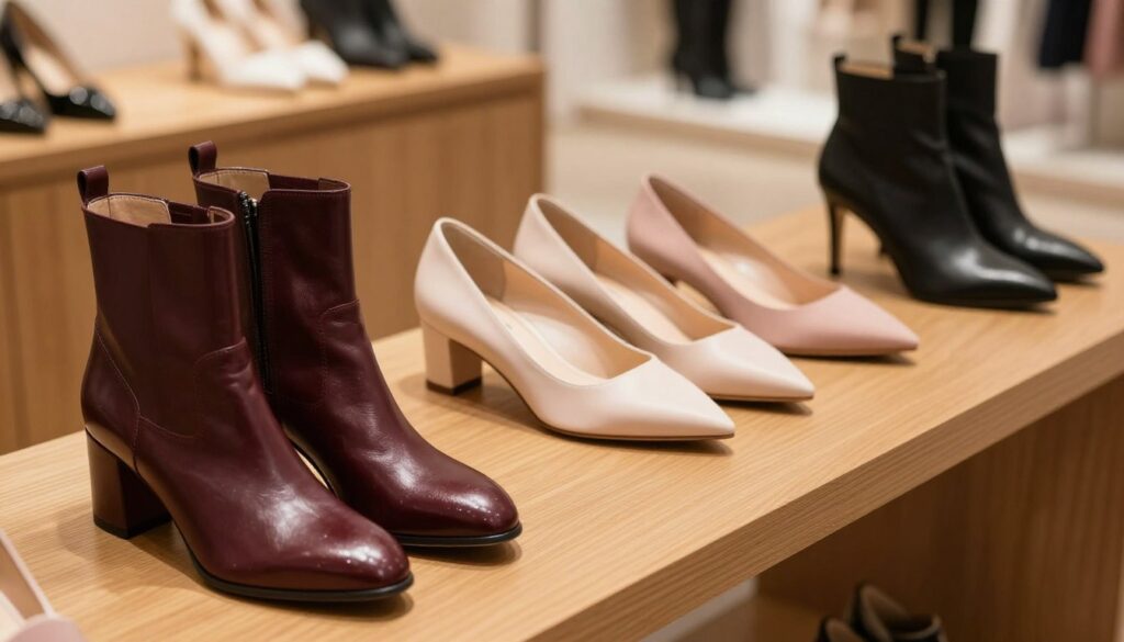 A stylish collection of elegant boots, heels, and flats displayed on a polished wooden surface. In the foreground, showcase a pair of chic ankle boots with a glossy finish in deep burgundy, beside them a classic pair of black stiletto heels. In the middle, feature sophisticated pointed-toe flats in soft pastel shades, arranged in an aesthetically pleasing manner. The background includes a blurred, softly lit boutique setting with warm lighting, creating a cozy and inviting atmosphere. The overall color palette is muted and elegant, emphasizing the luxury of the footwear. The scene is captured from a slightly elevated angle, highlighting the design details and textures of each shoe, inviting viewers to imagine wearing these exquisite options for various occasions. A stylish collection of elegant boots, heels, and flats displayed on a polished wooden surface. In the foreground, showcase a pair of chic ankle boots with a glossy finish in deep burgundy, beside them a classic pair of black stiletto heels. In the middle, feature sophisticated pointed-toe flats in soft pastel shades, arranged in an aesthetically pleasing manner. The background includes a blurred, softly lit boutique setting with warm lighting, creating a cozy and inviting atmosphere. The overall color palette is muted and elegant, emphasizing the luxury of the footwear. The scene is captured from a slightly elevated angle, highlighting the design details and textures of each shoe, inviting viewers to imagine wearing these exquisite options for various occasions.