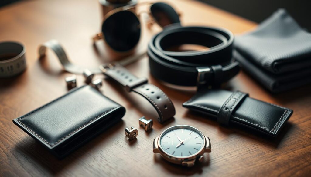 A stylish collection of essential men's accessories arranged aesthetically on a wooden table. In the foreground, feature a sleek leather wallet, a classic wristwatch with a metallic band, and a polished tie clip. In the middle, add a pair of sophisticated cufflinks, a minimalist leather belt, and a designer sunglasses case. The background should softly blur to reveal a tailor's measuring tape and a neatly folded pocket square, enhancing the sense of elegance. The lighting is warm and inviting, casting gentle shadows that highlight the textures of the accessories. Capture the scene from a slightly elevated angle to provide a comprehensive view, evoking a mood of sophistication and modernity, perfect for discerning gentlemen today.