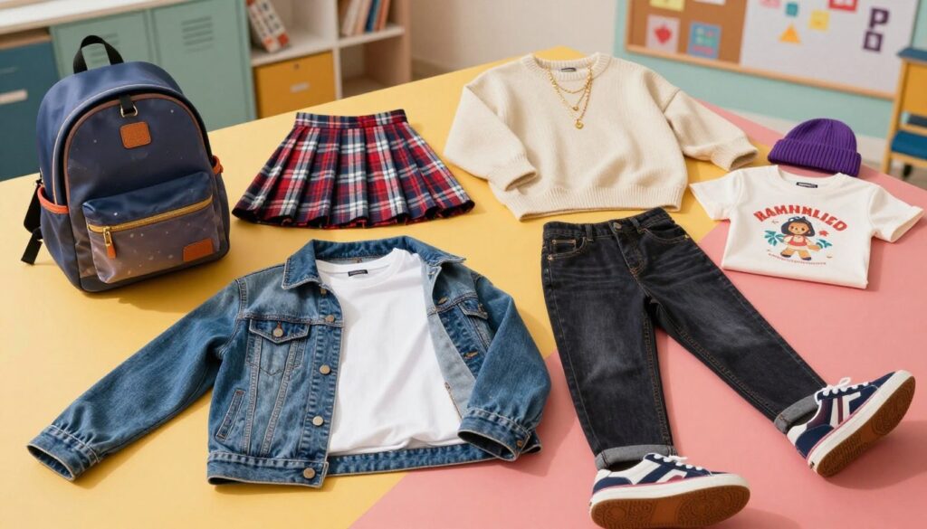 A stylish collection of must-have back-to-school clothing pieces for teen girls, displayed on a vibrant, colorful background. In the foreground, feature a neatly arranged outfit with a trendy denim jacket, a classic white t-shirt, dark high-waisted jeans, and stylish sneakers. Include accessories like a fashionable backpack, a beanie, and layered necklaces. In the middle ground, showcase a few additional items such as a plaid skirt, a cozy oversized sweater, and a chic graphic tee. The background should be softly blurred, hinting at a school setting with lockers and bulletin boards, creating an energetic yet relaxed atmosphere. Use natural lighting to illuminate the scene with a warm glow, captured from a slight overhead angle to enhance the visual appeal.