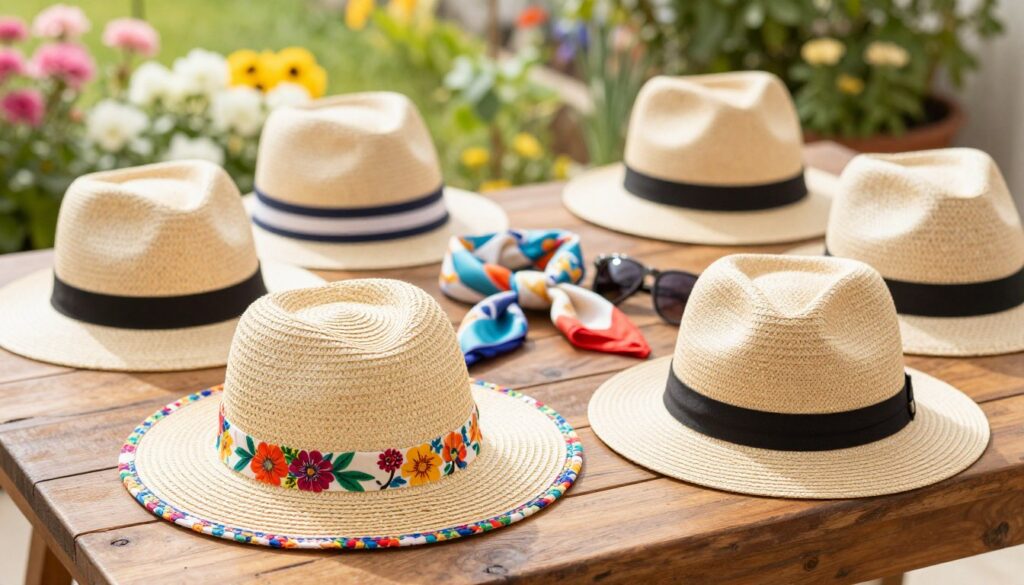 A stylish collection of spring and summer hats displayed on a rustic wooden table, showcasing a variety of hat styles including wide-brimmed sun hats, chic fedoras, and lightweight caps. In the foreground, a soft, vibrant woven sun hat lies tilted, with colorful floral patterns; beside it, a classic straw fedora rests elegantly. In the middle ground, a selection of interchangeable accessories such as silk scarves and sunglasses are artistically arranged around the hats. The background features a bright garden scene with blooming flowers and lush greenery, creating a warm, inviting atmosphere. The lighting is soft and diffuse, simulating a sunny day, enhancing the colors of the hats. Use a shallow depth of field for a crisp focus on the hats while softly blurring the background, evoking a cheerful spring vibe.