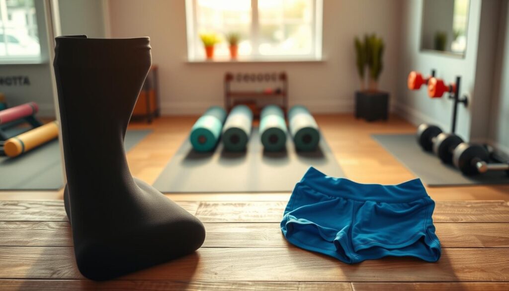 A stylish composition featuring a neatly arranged display of colorful leggings and shorts. In the foreground, showcase a pair of high-waisted black leggings and a bright blue athletic short, artfully placed together on a textured wooden surface. The middle ground should include a vibrant gym setting with tasteful decor, such as exercise mats and dumbbells, conveying an atmosphere of fitness and motivation. In the background, a bright window allows soft natural light to filter in, creating a warm, inviting glow. The scene should evoke a sense of freshness and energy, ideal for a stylish gym outfit inspiration. Capture this from a slight overhead angle to provide depth and context while ensuring a clean, uncluttered presentation without any text or branding.
