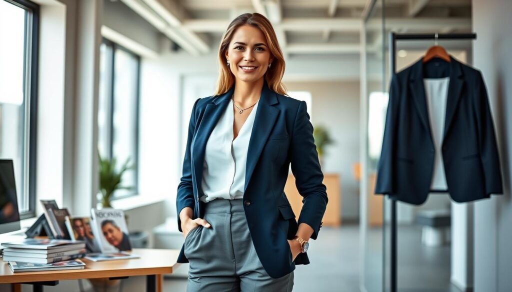 A stylish, confident professional woman standing in a modern office setting, showcasing various blazer styling techniques. In the foreground, she wears a tailored navy blue blazer over a crisp white blouse, paired with chic high-waisted trousers. Her accessories include a simple silver necklace and elegant watch, complementing the outfit. The middle ground features a nearby desk with fashion magazines and a blazer hanging on a coat rack, representing different styles and colors. The background has large windows allowing natural light to flood the space, creating a bright and inviting atmosphere. Capture this scene with a warm, soft focus to evoke professionalism and sophistication, using a slightly low angle to emphasize her stance and poise.