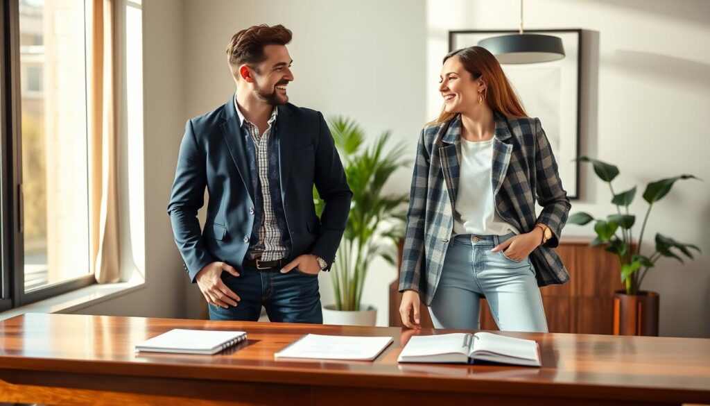 A stylish, contemporary office environment featuring two outfit combinations: a smartly tailored blazer paired with classic dark jeans for a professional look, and a casual blazer over light jeans for a relaxed vibe. In the foreground, a polished wooden desk with a notepad and laptop complements the fashion pieces. The models, one male and one female, are dressed in well-fitted blazers—one in navy and the other in gray—each showcasing their unique styles as they laugh and interact in a friendly manner. Soft, diffused natural light pours in from a nearby window, casting gentle shadows and creating an inviting atmosphere. The background features tasteful office decor, with green plants and modern art, enhancing the overall professional yet approachable feel of the scene.