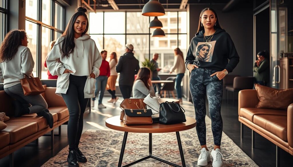 A stylish, cozy scene featuring a diverse group of women showcasing various outfit combinations of oversized hoodies and leggings. In the foreground, two women confidently pose; one in a light pastel oversized hoodie paired with black high-waisted leggings, and the other in a bold, graphic hoodie and patterned leggings. In the middle, a nearby table displays accessories like chunky sneakers, fashion-forward handbags, and layered gold jewelry, adding interest. The background features a modern, softly lit urban setting, with warm sunlight filtering through large windows, creating a welcoming atmosphere. The image captures a relaxed yet chic mood, emphasizing both casual and elevated styles perfect for everyday wear. Ideal for a fashion article, showcasing tips for effortless styling.